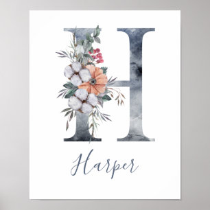 Blue Floral Watercolor Monogram H Name Poster