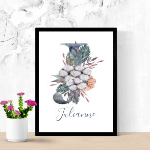 Blue Floral Watercolor Monogram J Name   Poster
