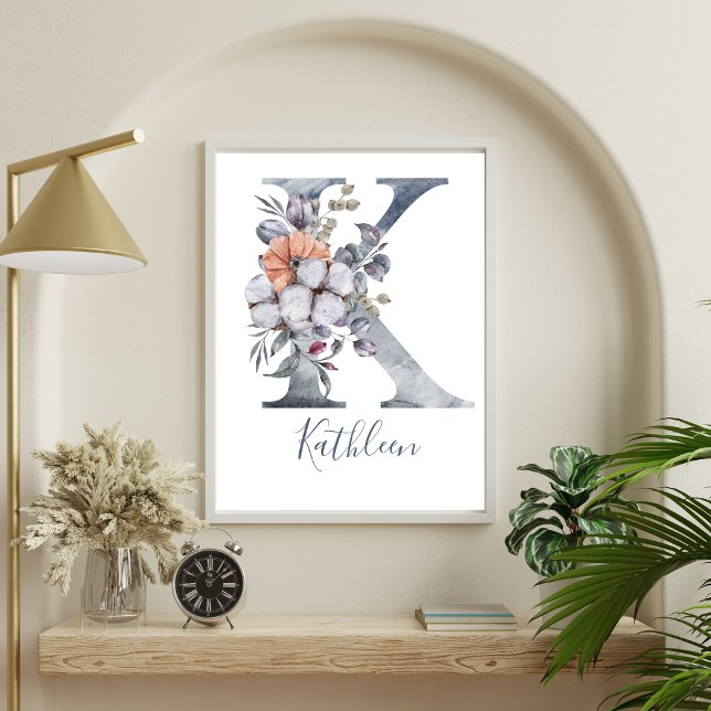Blue Floral Watercolor Monogram K Name  Poster (Monogram K Blue Floral Watercolor Wall Art. Printed or Digital.)