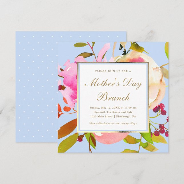 Blue Floral Watercolor Mother's Day Brunch Invitation (Front/Back)
