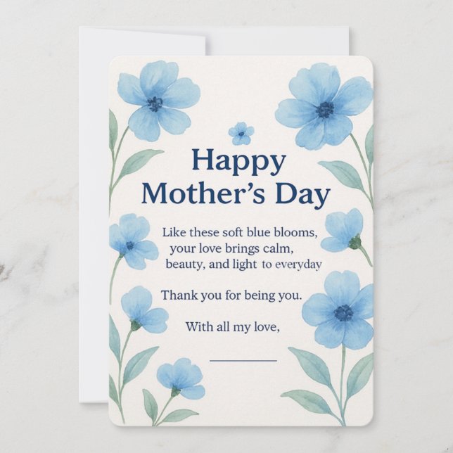 Blue Floral Watercolor Mother's Day Card Gift (Front)