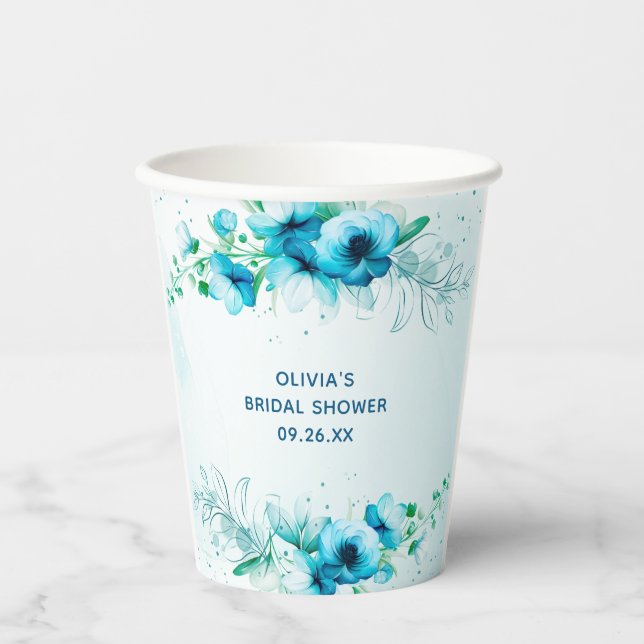 Blue Floral Watercolor Personalised Bridal Shower  Paper Cups (Front)