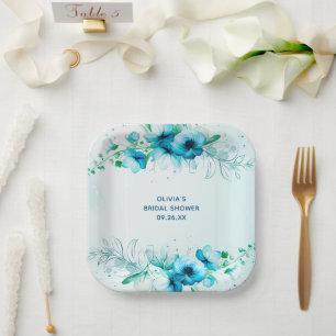 Blue Floral Watercolor Personalised Bridal Shower  Paper Plate