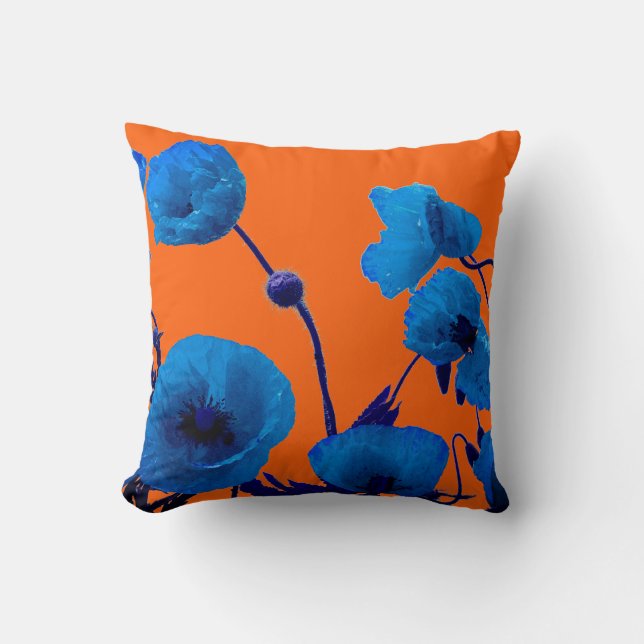 Blue Floral Watercolor Poppy Flowers Summer Sunset Cushion (Front)