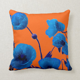 Blue Floral Watercolor Poppy Flowers Summer Sunset Cushion