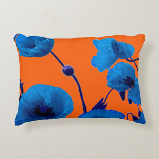 Blue Floral Watercolor Poppy Flowers Summer Sunset Decorative Cushion