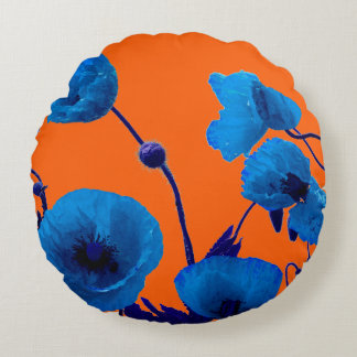 Blue Floral Watercolor Poppy Flowers Summer Sunset Round Cushion