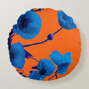 Blue Floral Watercolor Poppy Flowers Sunset Summer Round Cushion