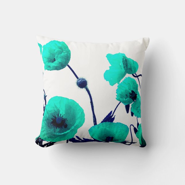 Blue Floral Watercolor Poppy Flowers White Modern Cushion (Front)
