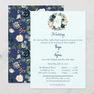 Blue Floral Watercolor Sikh Ik Onkar Wedding Invitation