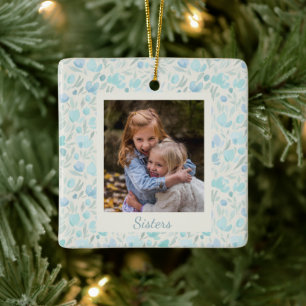 Blue Floral Watercolor Sisters Personalised Photo  Ceramic Ornament