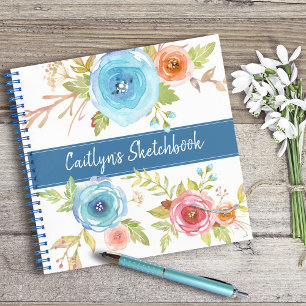 Blue floral watercolor sketchbook script name chic notebook