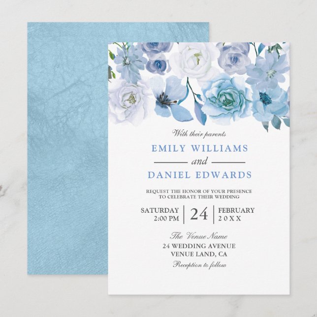 Blue Floral Watercolor Wedding Invitation (Front/Back)