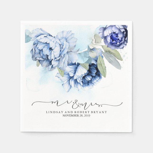 Blue Floral Watercolor Wedding Napkins (Front)