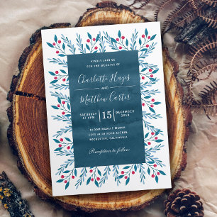 Blue Floral Watercolor Winter Wedding Invitation