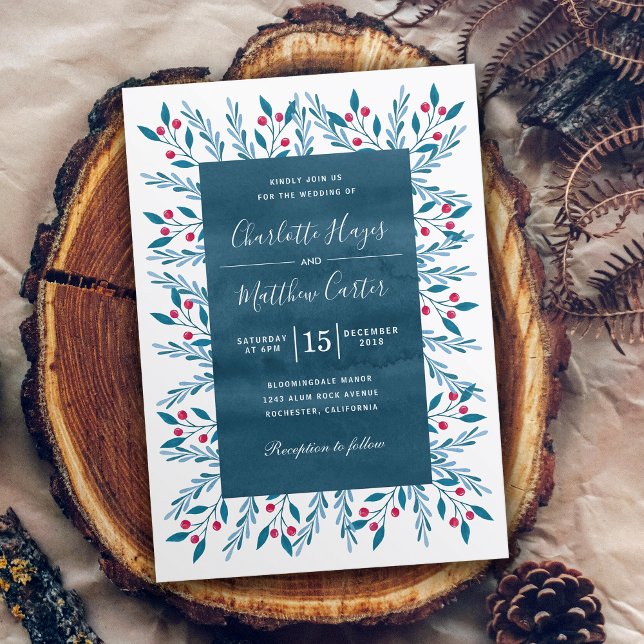 Blue Floral Watercolor Winter Wedding Invitation (Creator Uploaded)