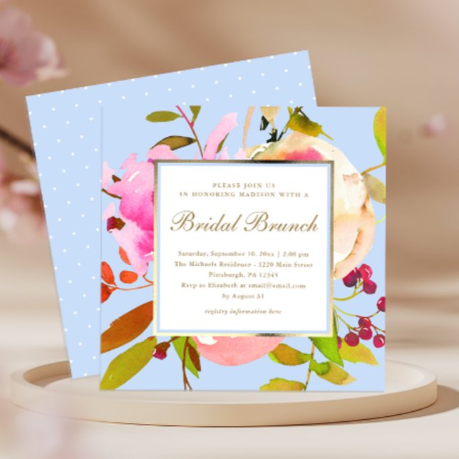 Blue Floral Watercolor with Dots Bridal Brunch Invitation (Creator Uploaded)