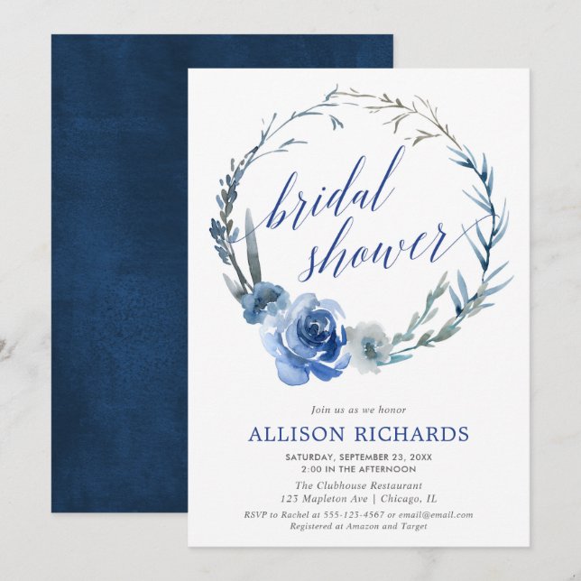 Blue floral watercolor wreath bridal shower invitation (Front/Back)