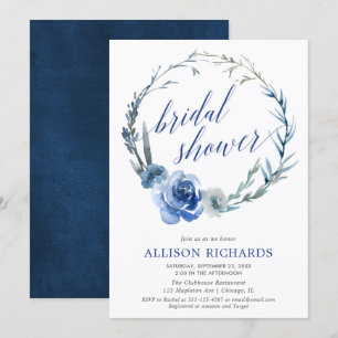 Blue floral watercolor wreath bridal shower invitation