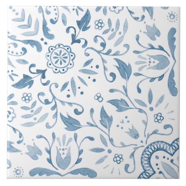 Blue Floral Watercolour Perfect Repeat Tile (Front)