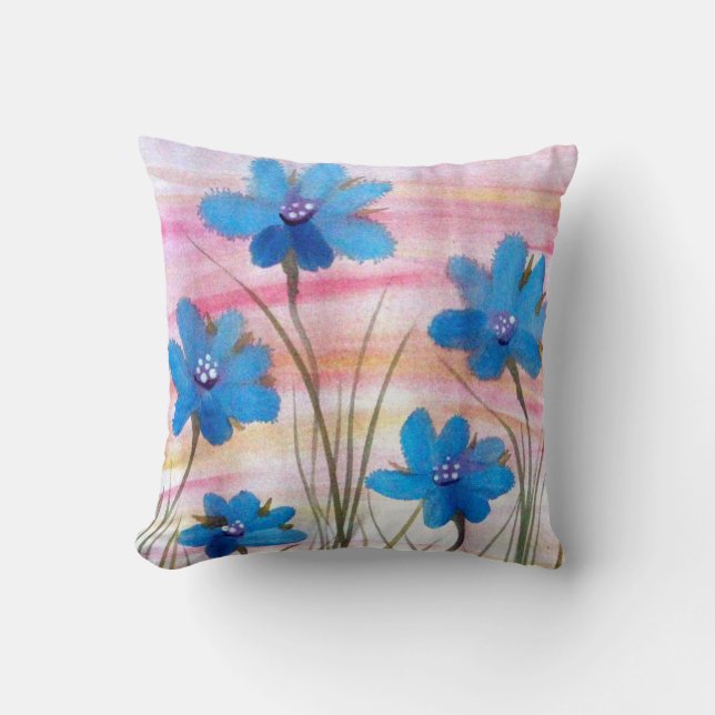 Blue Floral Watercolour Pillow (Front)