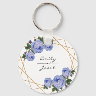 Blue Floral Wed Elegant Gold Glitter Geometric Key Ring
