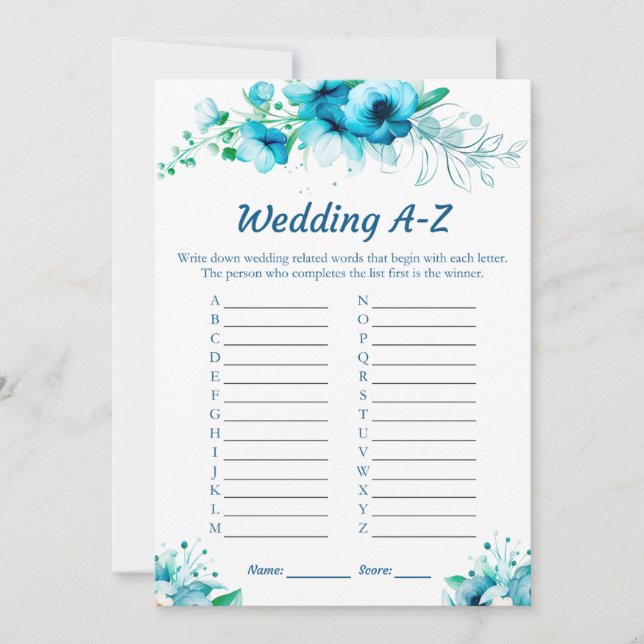 Blue Floral Wedding A-Z Bridal Shower Game Cards  (Front)