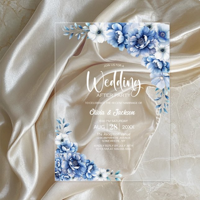 Blue Floral Wedding After Party Acrylic Invitations (Creator Uploaded)