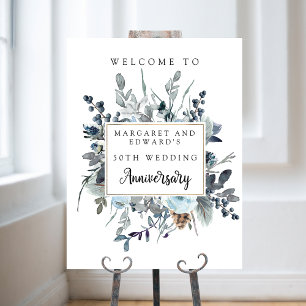 Blue Floral  Wedding Anniversary Welcome Sign