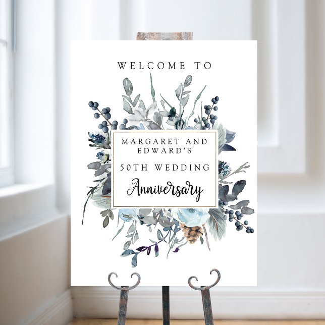 Blue Floral  Wedding Anniversary Welcome Sign (Creator Uploaded)