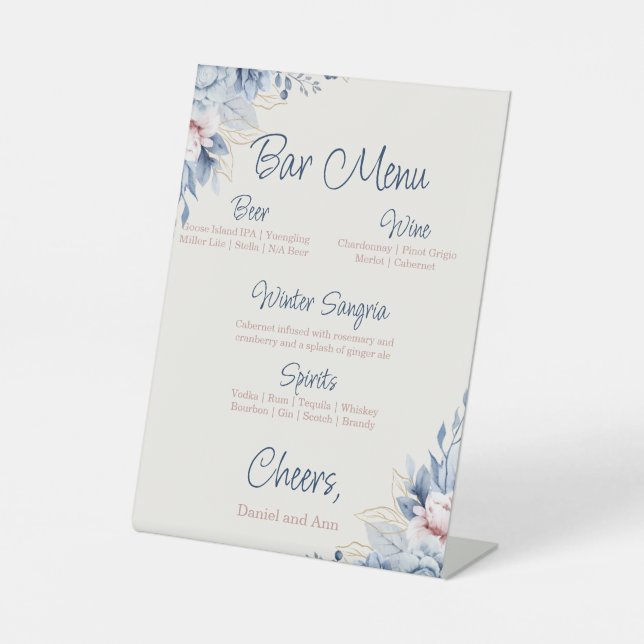 Blue Floral Wedding Bar Sign (Front)