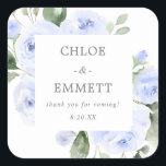 Blue Floral Wedding Cake Box Favour Sticker<br><div class="desc">Elegant blue rose floral and sage green eucalyptus greenery square floral frame surrounds the bride and groom names,  a thank you sentiment and their wedding date.</div>