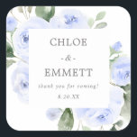 Blue Floral Wedding Cake Box Favour Sticker<br><div class="desc">Elegant blue rose floral and sage green eucalyptus greenery square floral frame surrounds the bride and groom names,  a thank you sentiment and their wedding date.</div>
