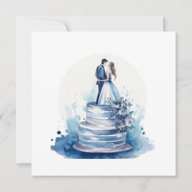  Blue Floral Wedding Cake Save  The Date (Front)