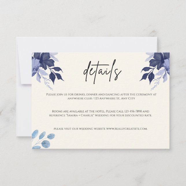 Blue Floral Wedding Details Enclosure Card (Front)