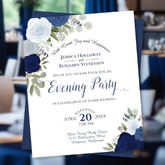Blue Floral Wedding Evening Party Budget Invite