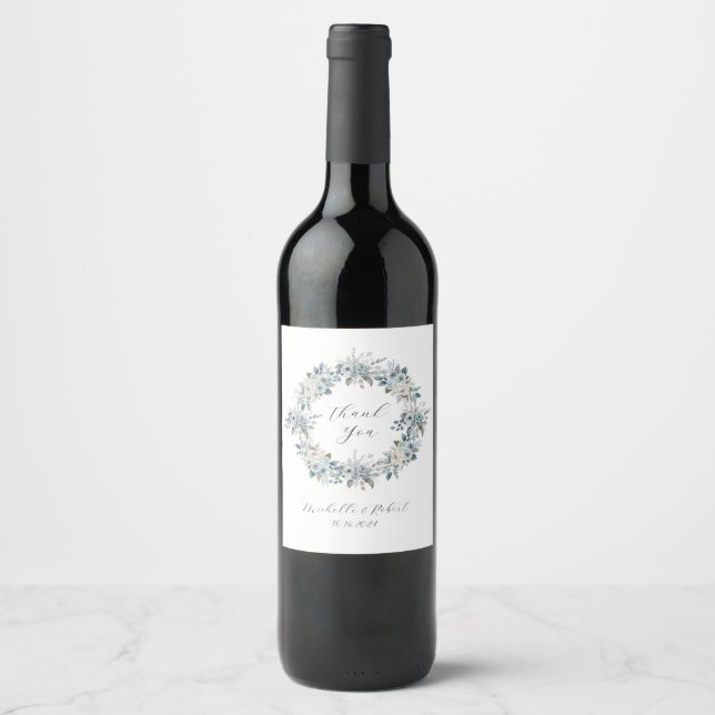 Blue Floral Wedding Favour Wine Label (Front)