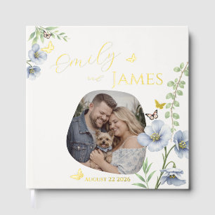 Blue Floral Wedding Guest Book with Photo