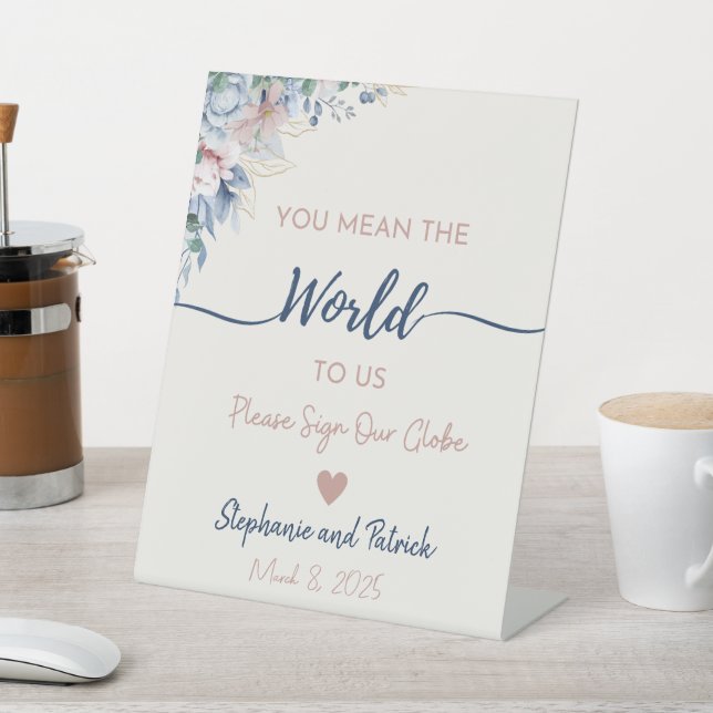 Blue Floral Wedding Guest Globe Sign (In SItu)