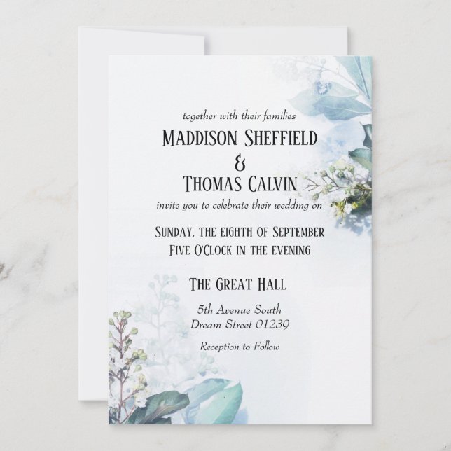 Blue Floral Wedding Invitation (Front)