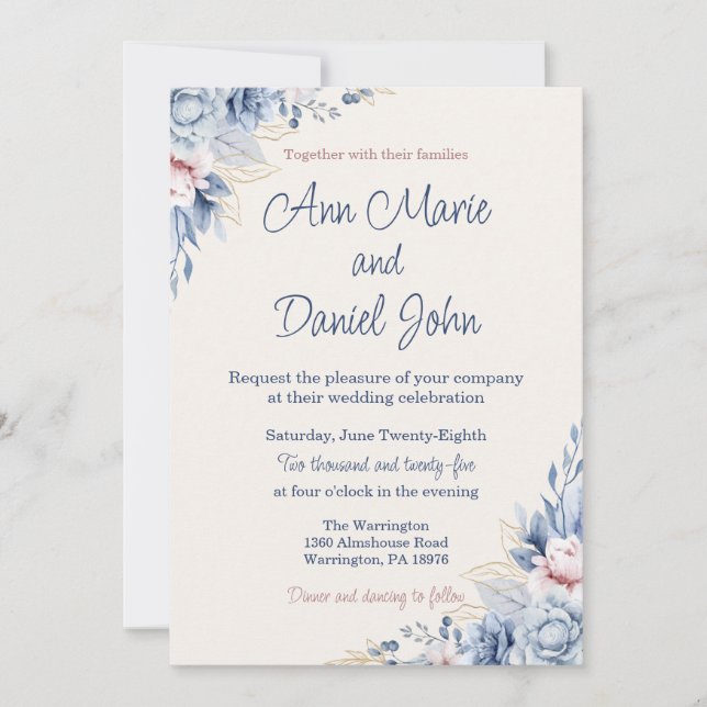 Blue Floral Wedding Invitation (Front)
