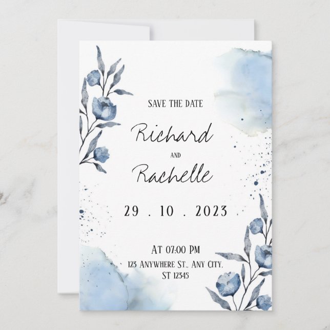 Blue Floral Wedding Invitation (Front)