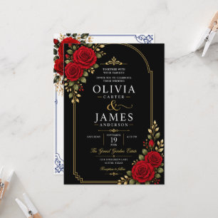 Blue Floral Wedding Invitation Backdrop Red Rose