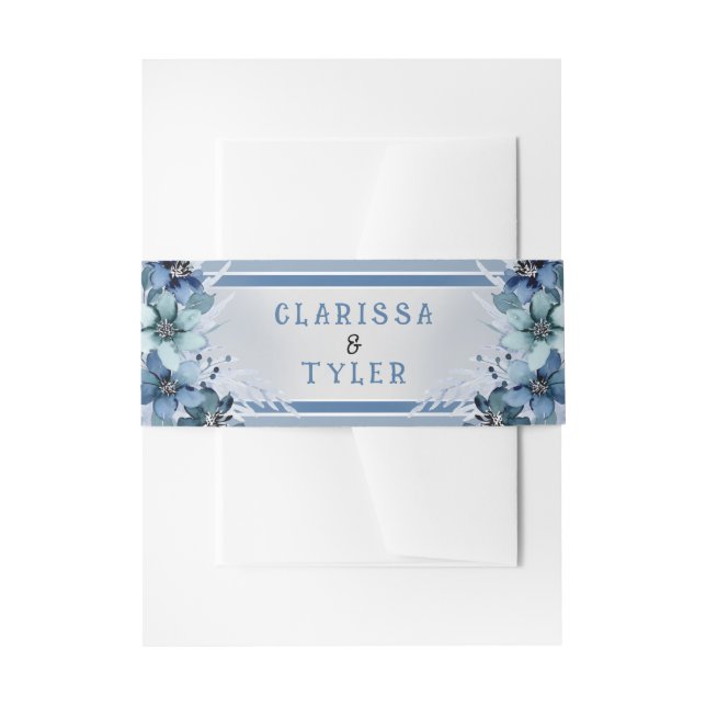 Blue Floral Wedding Invitation Belly Band (Front Example)