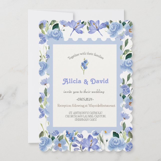  Blue Floral Wedding Invitation. Invitation (Front)