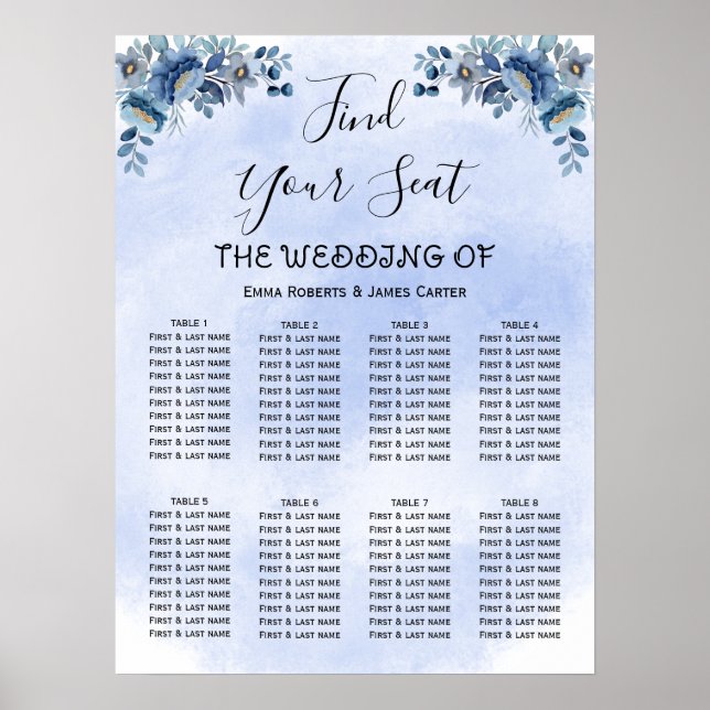 Blue Floral Wedding Invitation Wedding Seating Cha Poster (Front)