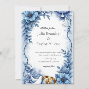 Blue Floral Wedding Invitation with White Dove   E