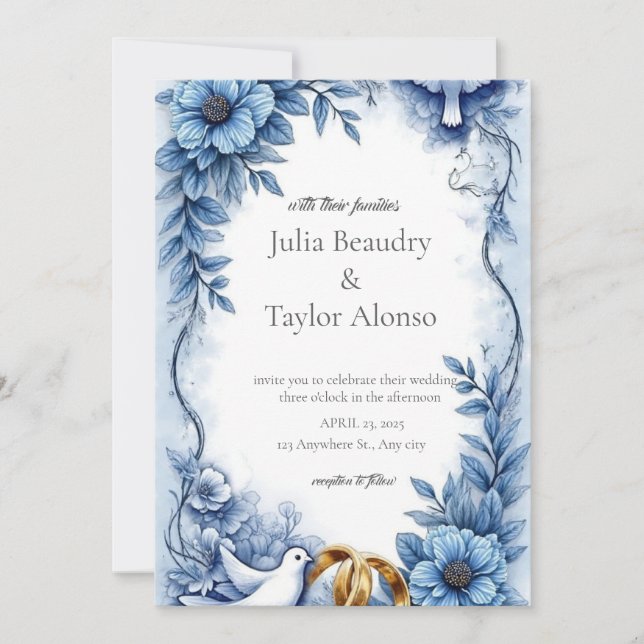 Blue Floral Wedding Invitation with White Dove | E (Front)