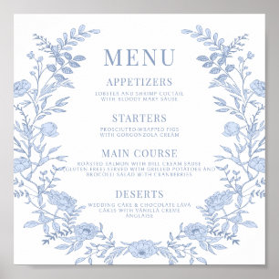 Blue Floral Wedding Menu Square Poster