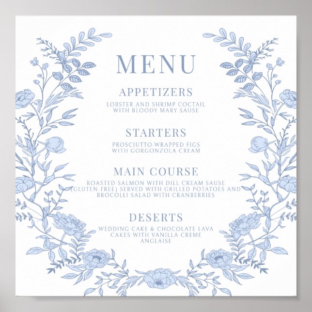 Blue Floral Wedding Menu Square  Poster (Front)